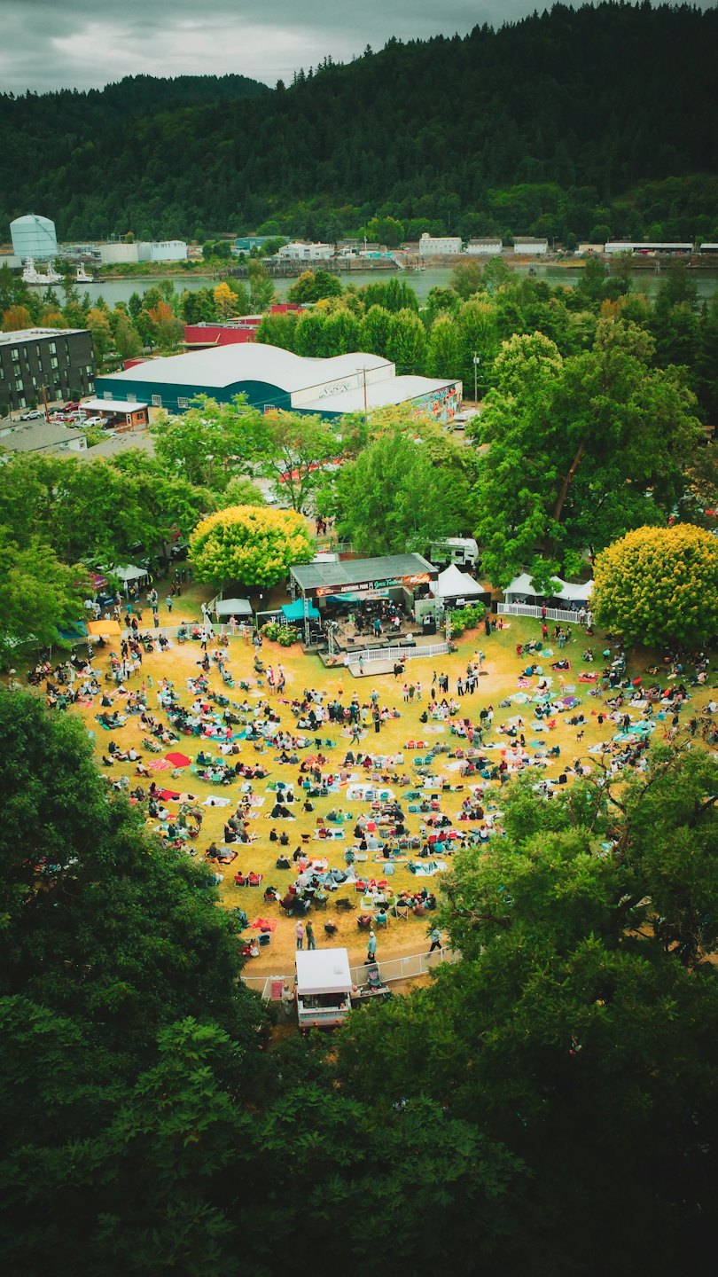 Des gens profitant d'un festival de jazz sur un champ d'herbe dans un parc.